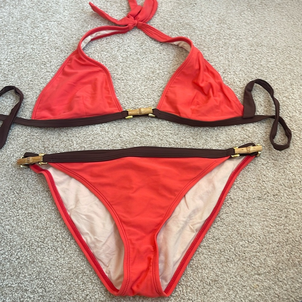 Trina Turk coral bikini with Gucci-esque bamboo trim